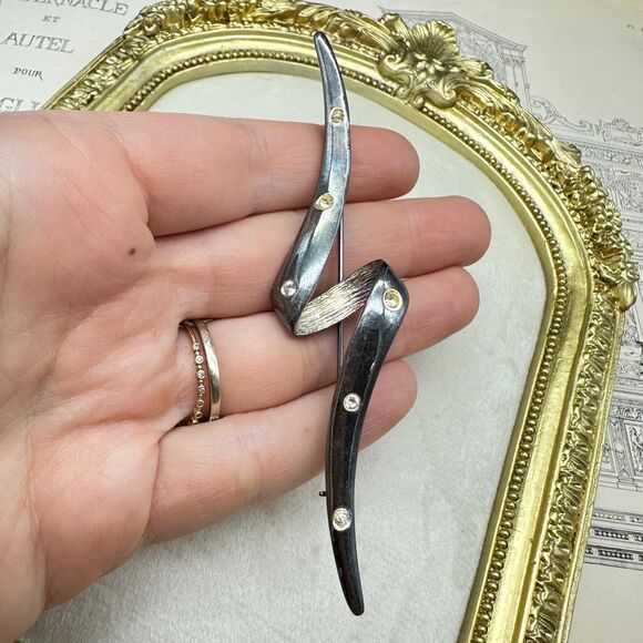 Vintage Contemporary Abstract Design Silver Tone Brooch Pin with Rhinestones - Picture 3 of 4